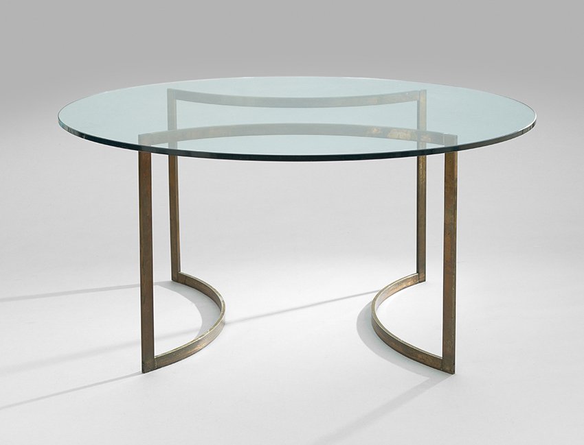 Contemporary Chrome and Glass Dining Table: Contemporary Chrome and Glass Dining Table, in the mid-century style, with a beveled glass top, h. 30", dia. 48".