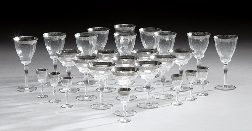 Twenty-Seven-Piece Partial Set of Stemware: Twenty-Seven-Piece Partial Set of Stemware, second quarter 20th century, including ten wine goblets, h. 7-1/2", ten champagne coupes, h. 5-5/8", and seven liquor glasses, h. 3-7/8".