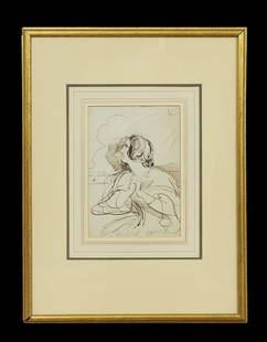 Attr. to Benjamin R. Haydon (British, 1786-1846): Attributed to Benjamin Robert Haydon (British, 1786-1846), "Figural Study - Mrs. T. Hamilton", ink on paper, pencil inscription , sight 8-3/4" x 6-1/4". Glazed, matted and framed.