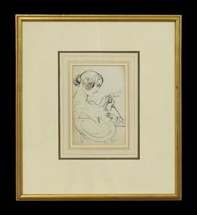 Attr. to Benjamin R. Haydon (British, 1786-1846): Attributed to Benjamin Robert Haydon (British, 1786-1846), "Figural Study of a Woman Holding a Dove", ink on paper, inscribed "DOVE" , 7-3/4" x 5-1/4". Glazed, matted and framed.