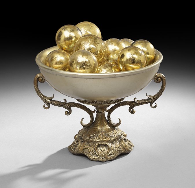 Decorative Compote with Silver-Leafed Bowl: Decorative Composition Compote with Silver-Leafed Bowl, fitted with gilded glass balls, h. 22", dia. 23".
