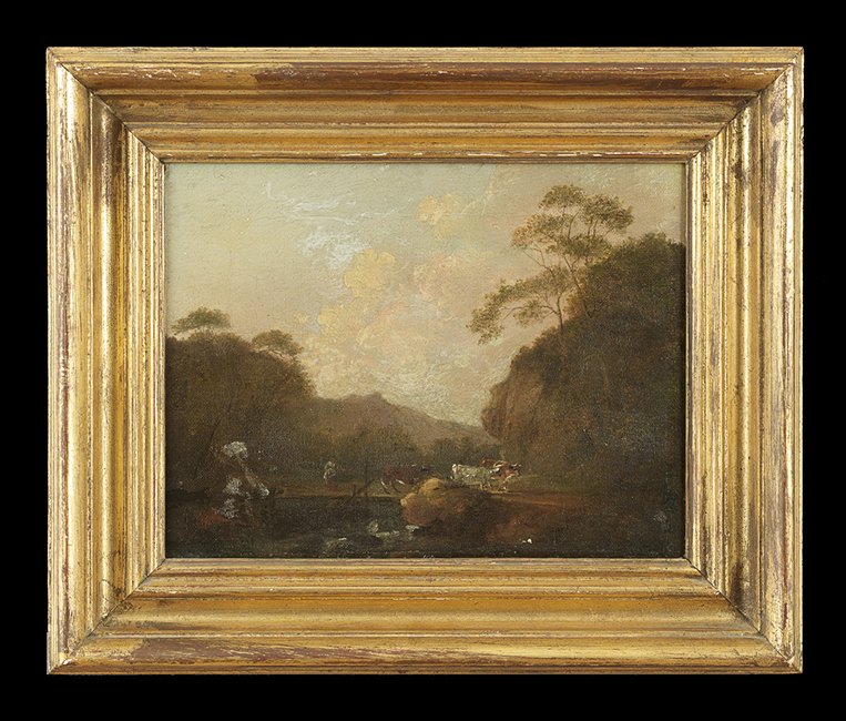 Continental School (Third Quarter 19th Century): Continental School (Third Quarter 19th Century), "Landscape with Cattle Crossing a Bridge", oil on canvas, unsigned, 10" x 12-3/4". Framed.