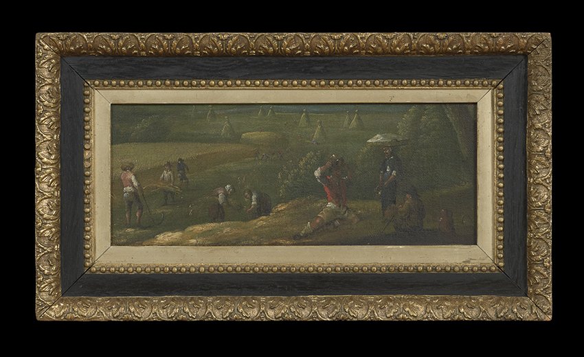 Continental School (19th Century): Continental School (19th Century), "Harvest", oil on canvas, unsigned, 5" x 13-3/4". Framed.