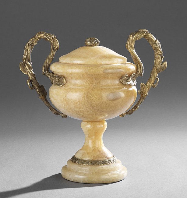 Italian Neoclassical-Style Urn-Form Ornament: Italian Neoclassical-Style Brass and Alabaster Urn-Form Ornament, h. 12", w. 11", d. 6-1/2".