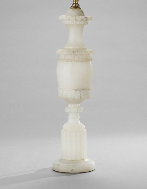 Italian Neoclassical-Style Alabaster Table Lamp: Italian Neoclassical-Style Alabaster Table Lamp, first quarter 20th century, the urn-form lamp trimmed in acanthus leaves, h. 22", dia. 3-3/4", overall, h. 33-1/2".