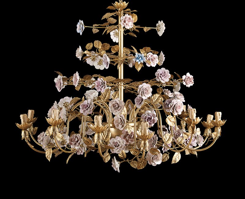 Italian Porcelain-Mounted Chandelier and Sconces: Italian Gilt-Metal and Porcelain Twelve-Light Chandelier and Matching Three-Light Sconces, chandelier, 34", dia. 42-1/2", en suite with a pair of matching sconces ,h. 21", w. 26-1/2", d. 13", the porc