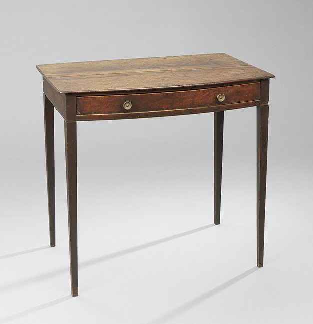 Georgian-Style Oak Dressing Table: Georgian-Style Oak Dressing Table, 19th century, the bowed front fitted with a single drawer, raised on tapering legs, h. 29-1/4", w. 30", d. 20".