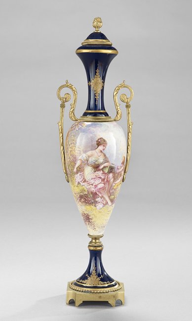 Bronze-Mounted Sevres-Style Garniture Urn: Bronze-Mounted Sevres-Style Garniture Urn, ca. 1900, a spurious "Sevres" mark painted under the cover, h. 17-1/2", w. 4-3/4".