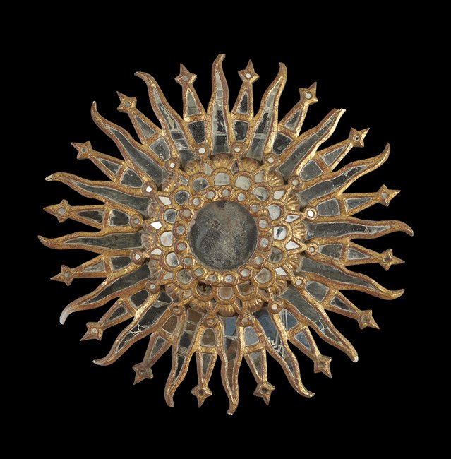Latin American Giltwood Sunburst Mirror: Latin American Giltwood Sunburst Mirror, decorated with segmented mirror plates, dia. 28".