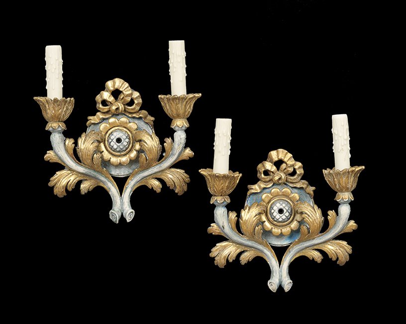 Pair of Louis XVI-Style Parcel-Gilt Sconces: Pair of Louis XVI-Style Molded and Parcel-Gilt Two-Light Sconces, h. 13", w. 11-1/2", d. 5-1/2".