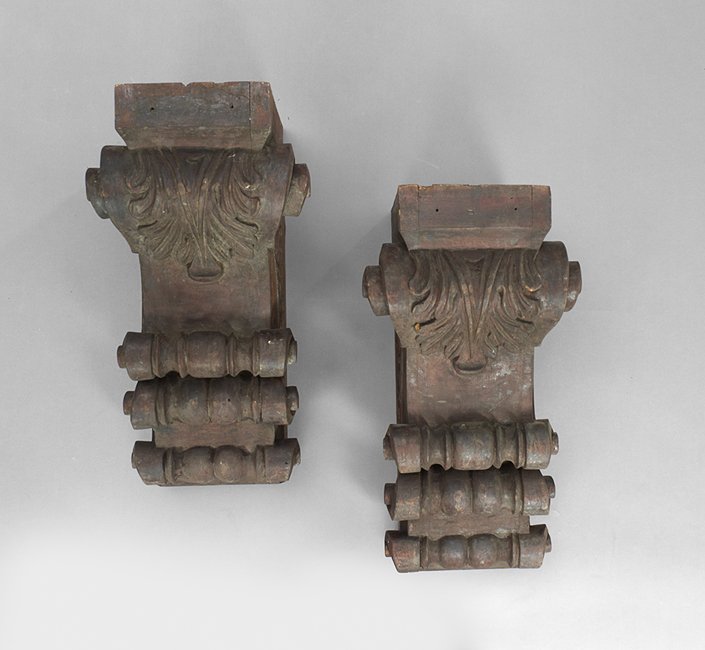 Pair of Neoclassical-Style Architectural Brackets: Pair of Neoclassical-Style Carved Spanish Cedar Architectural Brackets, h. 22", w. 12", d. 13".