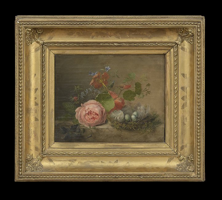 Philip de Castro (Spanish, 19th Century): Philip de Castro (Spanish, 19th Century), "Still Life with Peony and Robin's Egg Nest", oil on canvas, signed, 9-1/2" x 11-3/4". In a period cove-molded and etched frame.