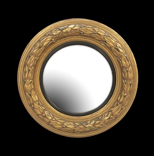 Regency-Style Concave Looking Glass: Regency-Style Giltwood and Ebonized Concave Looking Glass, late 19th century, dia. 30".