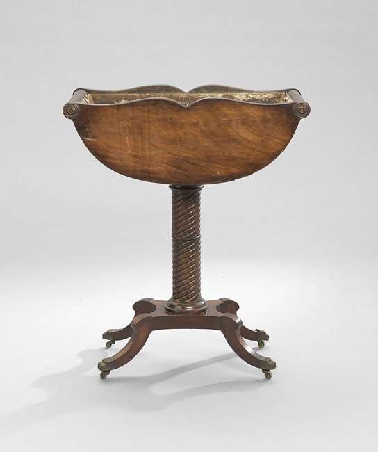 Regency-Style Mahogany Jardiniere on Stand: Regency-Style Mahogany and Tin-Lined Jardiniere on Stand, early 20th century, h. 36-1/2", w. 30", d. 13-1/2".
