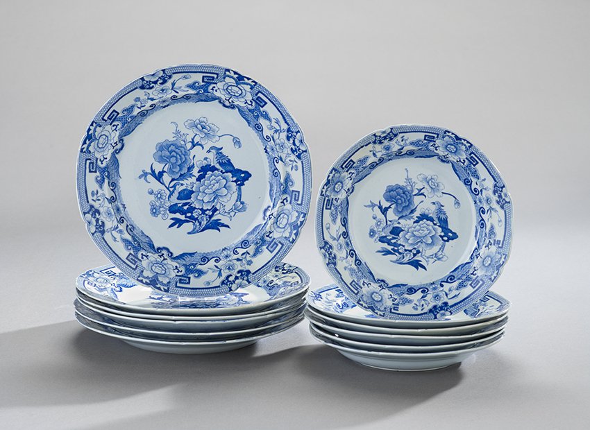 Twelve-Piece Group of Mason's Ironstone Porcelain: Twelve-Piece Group of Mason's Ironstone Porcelain, ca. 1813-1820, English, in the "Blue Pheasant" pattern, including six dinner plates, dia. 9-3/4", and six broth plates, dia. 7-3/4", marked with the 