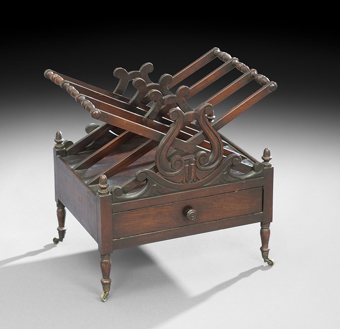 Regency Rosewood Canterbury: Regency Rosewood Canterbury, ca. 1825, h. 20", w. 18", d. 14". Similar canterburies were made in America by the noted cabinetmaker Duncan Phyfe.