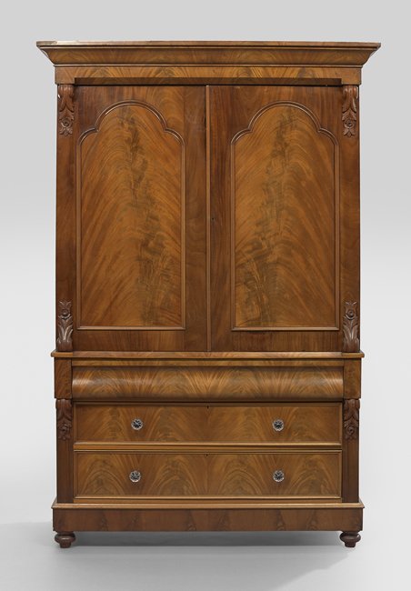 Early Victorian Flame Mahogany Linen Press: Early Victorian Flame Mahogany Linen Press, mid-19th century, h. 91", w. 60", d. 21".
