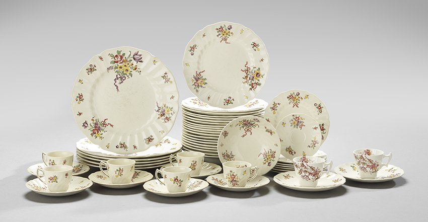 Royal Doulton "Old Leeds Sprays" Dinner Service: Extensive Royal Doulton "Old Leeds Sprays" Partial Dinner Service, ca. 1912-1922, including six dinner plates, dia. 10-1/4", eleven luncheon plates, dia. 8-1/2", nine soup plates, dia. 8-1/2", seven b
