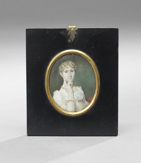 Miniature Portrait on Ivory: Miniature Portrait on Ivory, British School, first quarter 19th century, depicting a lady in neoclassical dress, mounted in a period Regency ebonized frame, h. 5-1/4", w. 4-1/2".