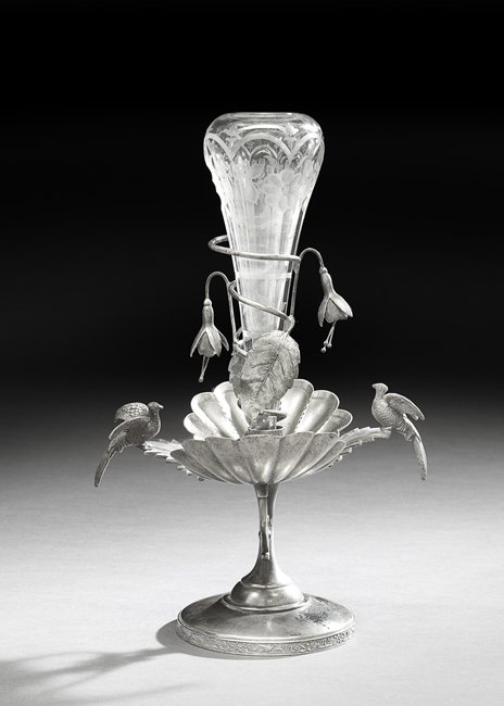 American Silverplate Flower Stand Card Receiver: American Silverplate and Glass Flower Stand Card Receiver, third quarter 19th century, by the Meriden Silver Plate Co., Meriden, Connecticut, in the Aesthetic taste, decorated with birds, flowers and 