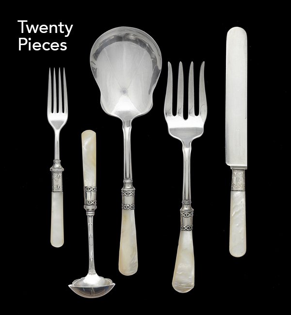 20 Pcs. of Mother-of-Pearl & Silverplate Flatware: Twenty Pieces of American Mother-of-Pearl and Silverplate Flatware, fourth quarter 19th century, including a twelve-piece dessert set, l. 6-3/4" and 8-3/4", a six-piece serving set (salad serving spoo