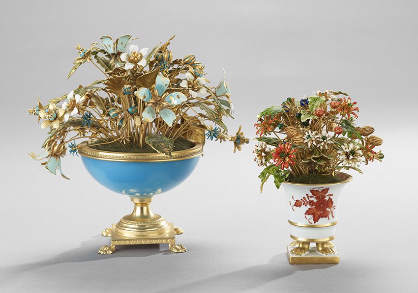 Two-Piece Porcelain Group: Two-Piece Porcelain Group, 20th century, including an opaline and brass compote, h. 8", dia. 6", and a signed Herend cachepot, h. 6", dia. 4".