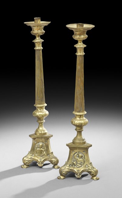 Pair of Cast Brass Reeded Altar Candlesticks: Pair of Cast Brass Reeded Altar Candlesticks, early 20th century, h. 33".