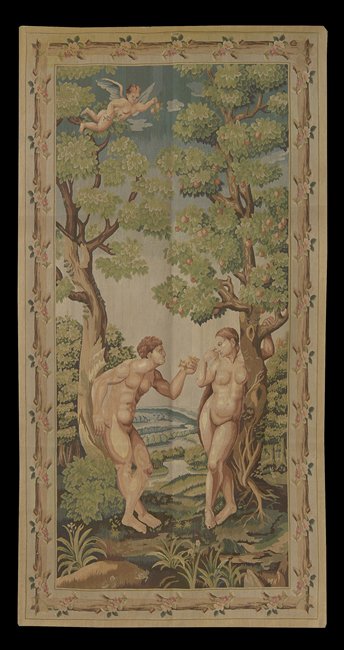 Adam and Eve Aubusson Tapestry: Adam and Eve Aubusson Tapestry, 8' 9" x 4' 6".