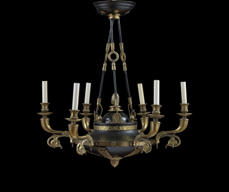 Empire-Style Brass and Tole Painted Chandelier: Empire-Style Brass and Tole Painted Six-Arm Chandelier, 20th century, h. 30", dia. 29".