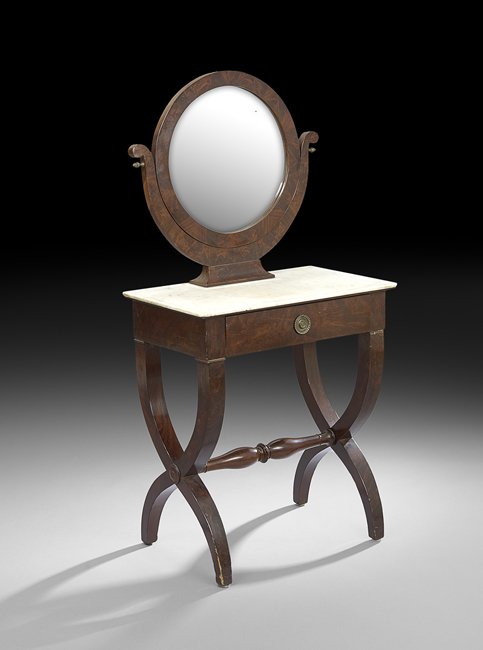 Louis-Philippe Mahogany Dressing Table: Louis-Philippe Mahogany Dressing Table, second quarter 19th century, the circular mirror on a conforming wishbone frame, with a dished marble top, h. 51-3/4", w. 26", d. 15-3/8".