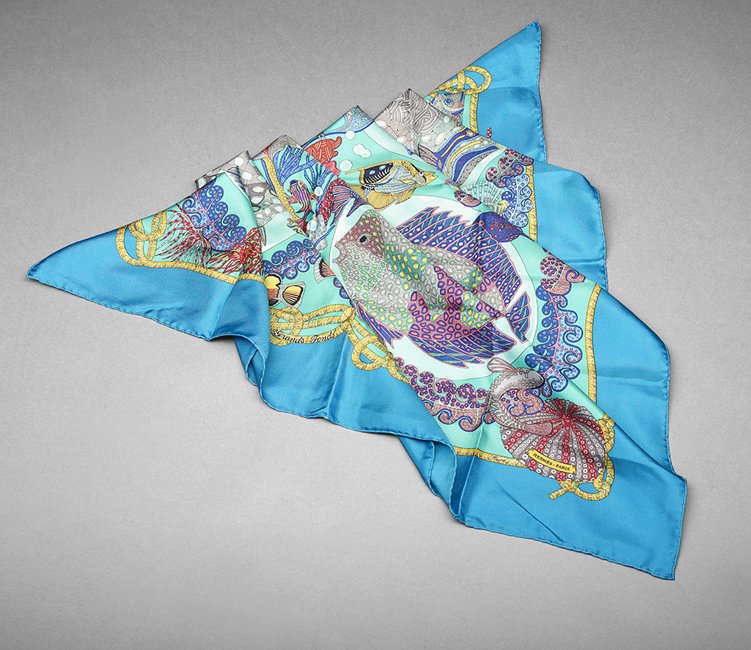 Hermes, Paris, Turquoise "Grand Fons" Silk Scarf: Hermes, Paris, Turquoise "Grand Fons" Silk Scarf, designed by Annie Faivre and issued in 1992, 35" x 35".