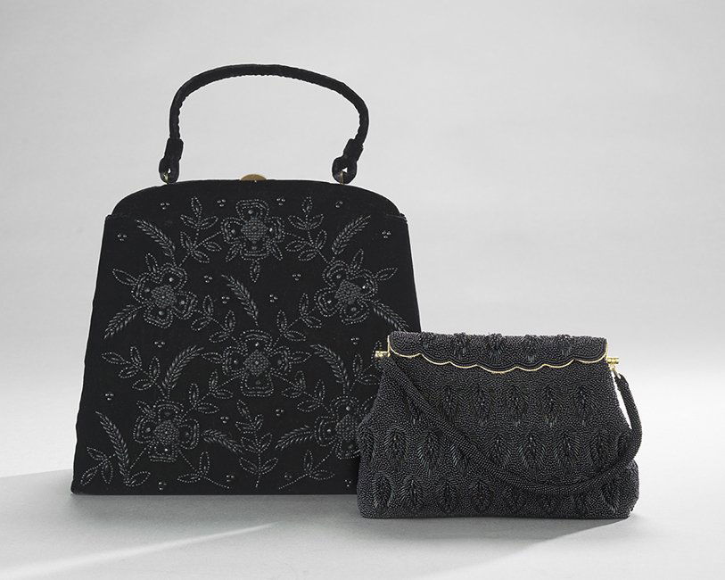 Two Vintage Black-Beaded Frame Handbags: Two Vintage Black-Beaded Frame Handbags, comprising a large Soure, New York, black velvet bag with floral beading on one side, includes the original small mirror, bag, h. 11-1/4", w. 12-1/2", d. 3-3/4