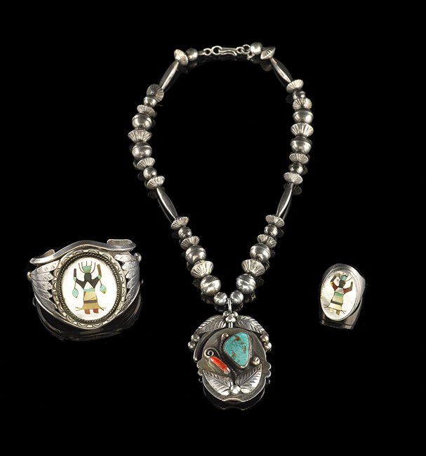 Three-Piece Suite of Native American Jewelry: Three-Piece Suite of Native American Sterling Silver, Abalone, Coral, Black Onyx and Turquoise Jewelry, comprised of a silver beaded necklace with a silver pendant set with a polished turquoise nugget
