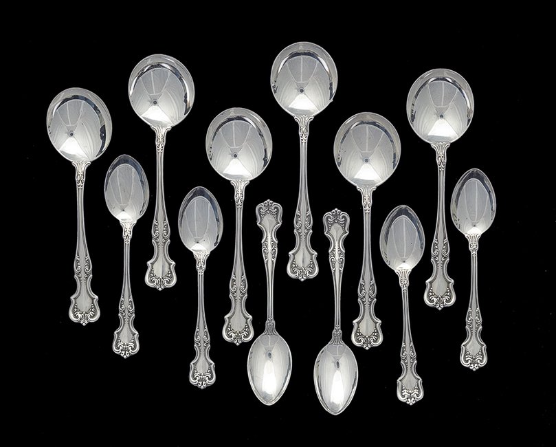 Twelve Pieces of "Litchfield" Silver Flatware: Twelve Pieces of Wallace "Litchfield" Sterling Silver Flatware, the pattern designed in 1898 by Samuel Stohr, Meriden, Connecticut, including six cream soup spoons, l. 5-3/8", and six coffee spoons, l