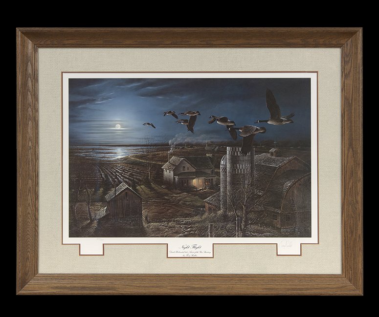 Terry Redlin (American, b. 1936): Terry Redlin (American, b. 1936), "Night Flight", limited edition print, from the Ducks Unlimited 1983 Artist of the Year Painting, pencil signed lower right, numbered lower left, sight 18" x 27". Gla