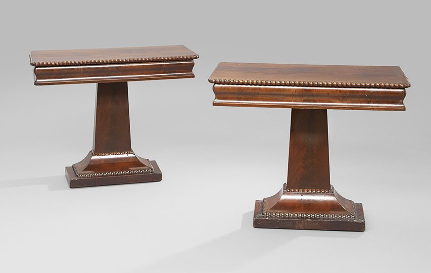 Pair of American Mahogany Console Tables: Pair of American Late Classical Mahogany Console Tables, second quarter 19th century and later, h. 28", w. 35", d. 17".