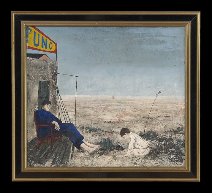 Franco Minei (Italian, b. 1922): Franco Minei (Italian, b. 1922), "Last Summer Evening", acrylic on panel, signed, labels en verso, 19-1/2" x 21-3/4". Framed.