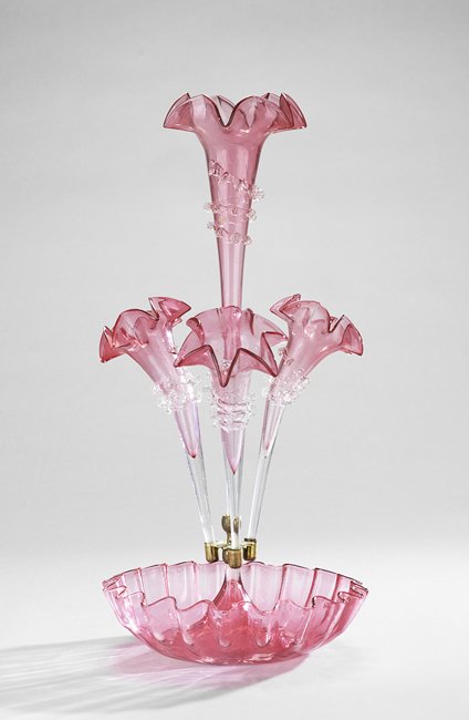 American Blown Cranberry Art Glass Epergne: American Blown Cranberry Art Glass Epergne, fourth quarter 19th century, with clear appliques, h. 21", dia. 10-1/4".