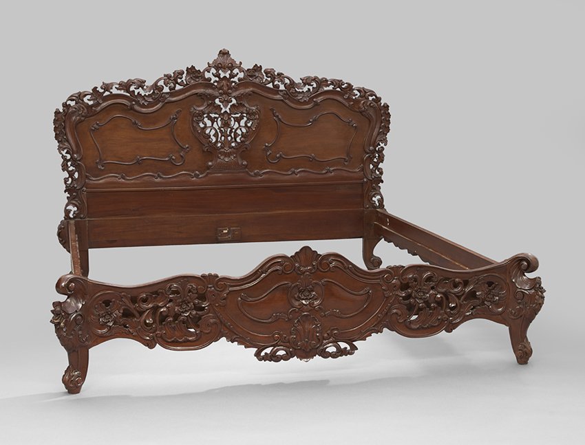 Carved Mahogany Bed in the Rococo Taste: Carved Mahogany Bed in the Rococo Taste, with a carved head and footboard, manufactured to accommodate a contemporary king-size mattress, h. 60", inside, w. 78-1/4", l. 81-1/2", outside, w. 81", l. 92