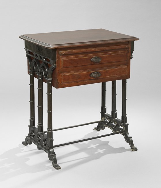 American Gothic Revival Walnut & Iron Work Table: Unusual American Gothic Revival Walnut and Cast Iron Work Table, third quarter 19th century, h. 31", w. 27", d. 18".