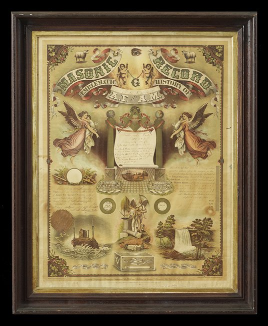 Chromolithograph Printed Masonic Record: Chromolithograph Printed Masonic Record, dated 1876, by Carson and Barnard, New York and Chicago, in a period walnut frame, h. 30-3/4", w. 24-3/4".