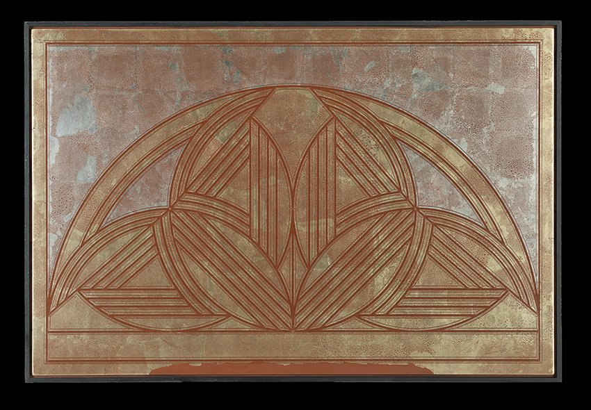 George Bauer Dunbar (American/Louisiana, b. 1927): George Bauer Dunbar (American/Louisiana, b. 1927), "Coin du Lestin", gold and palladium leaf over red clay, signed lower right, 24" x 36". Framed.