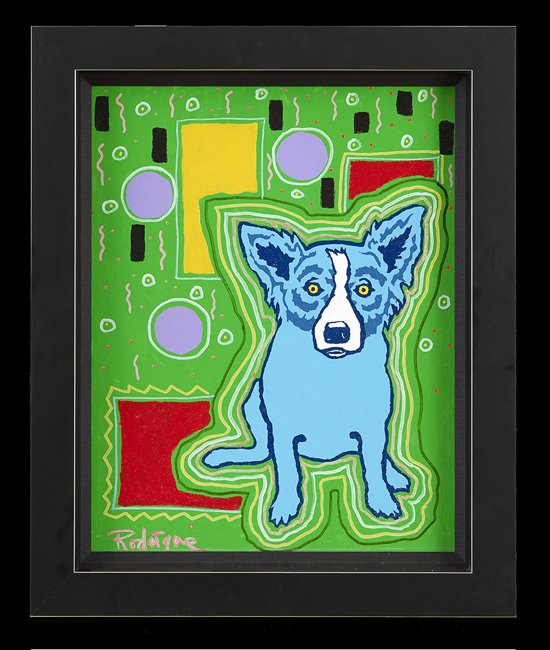 George Rodrigue (American/Louisiana, 1944-2013): George Rodrigue (American/Louisiana, 1944-2013), "Blue Dog", mixed media on board, including silkscreen, signed lower left, 18" x 14". Framed.