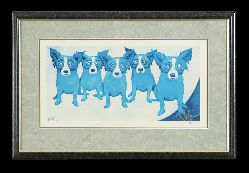 George Rodrigue (American/Louisiana, 1944-2013): George Rodrigue (American/Louisiana, 1944-2013), "Home On the Moon", offset lithograph, signed lower right, sight 12-1/2" x 24". Glazed, matted and framed.