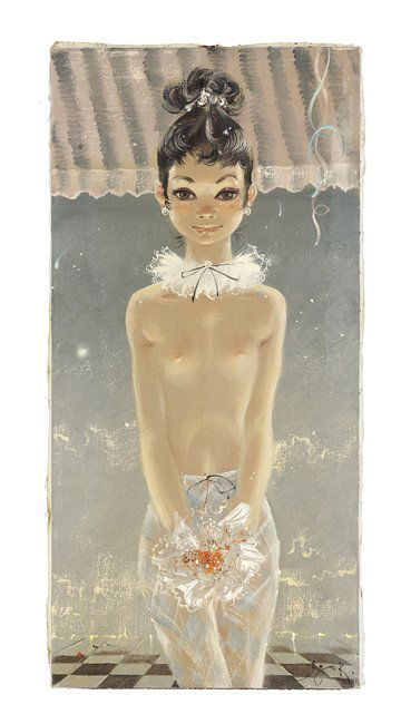 Igor Pantuhoff (Russian, 1911-1972): Igor Pantuhoff (Russian, 1911-1972), "Portrait of a Young Girl", oil on canvas, signed lower right, 34-1/2" x 16". Unframed.