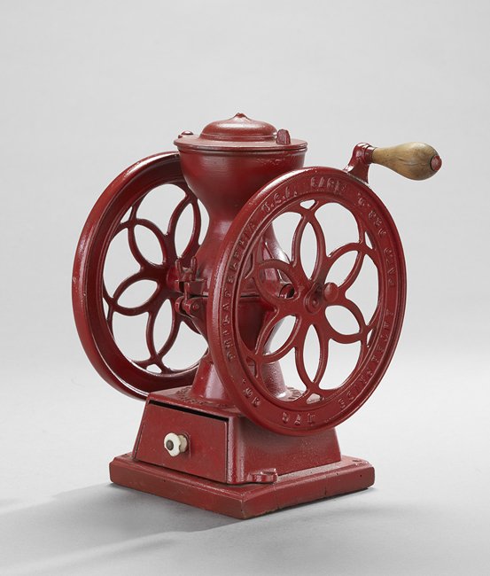 Enterprise Coffee Grinder: Enterprise Coffee Grinder, fourth quarter 19th century, Philadelphia, the side wheels signed "Enterprise Mfg Co, Philadelphia U.S.A., Pat'd Dec. 9, 1873", h. 12-1/4", w. 10", d. 8-3/4".