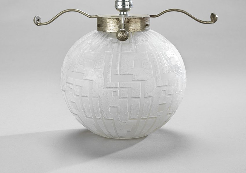 Daum Nancy Art Deco Glass Lamp Base: Daum Nancy Art Deco Glass Lamp Base, French, second quarter 20th century, the molded and acid-frosted Art Deco base signed "Daum Nancy, France", along with the cross of Lorraine, h. 10-3/4", dia. 7-3/