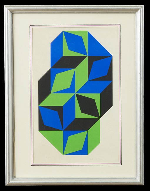 Victor Vasarely (Hungarian/French, 1906-1997): Victor Vasarely (Hungarian/French, 1906-1997), "OP Composition", serigraph in colors, signed lower right "Vasarely", numbered lower left "57/250", sight 21" x 13". Glazed, matted and framed.