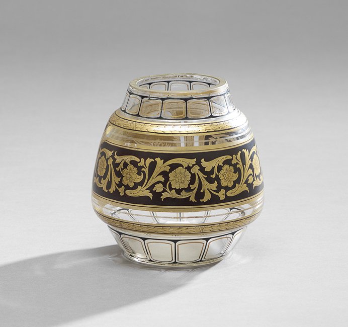 Czechoslovakian Enameled Art Glass Bowl: Czechoslovakian Enameled Art Glass Bowl, Attributed to Loetz, ca. 1927-1928, in the "Etrusk" pattern, h. 6-3/4", dia. 5-3/4".