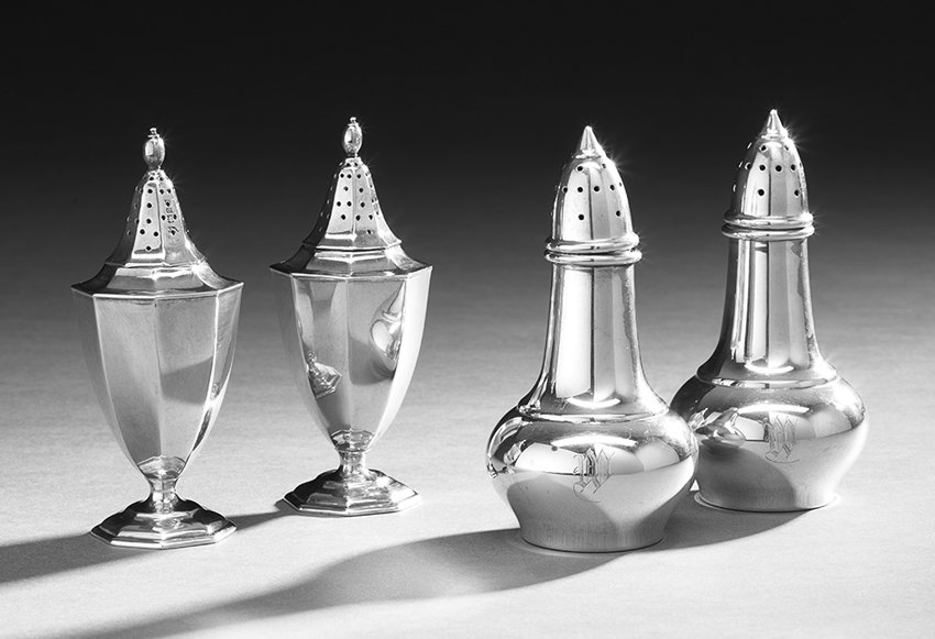 Two Pairs of Sterling Salt and Pepper Shakers: Two Good Pairs of Sterling Silver Salt and Pepper Shakers, including an Edwardian pair, hallmarked London, 1909-1910, by Stewart Dawson & Co., of paneled urn form, and a Modernist pair, ca. 1925, by A